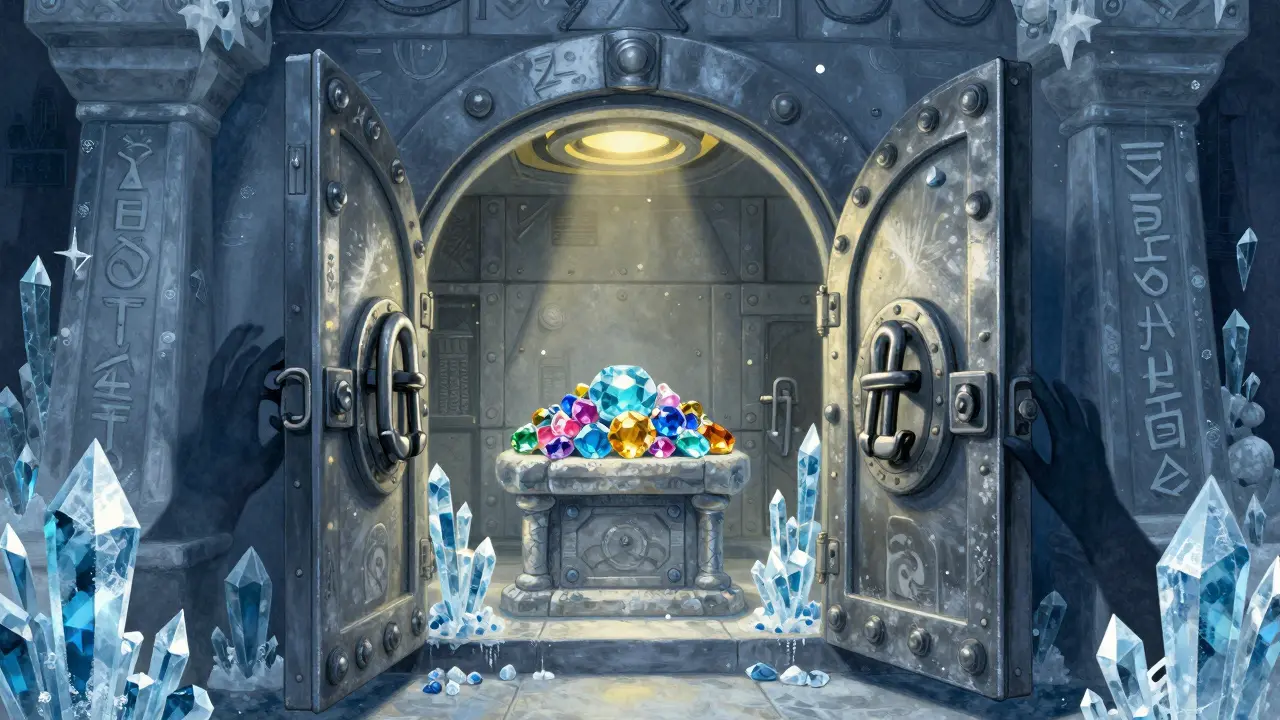 Ein sicherer Schatzkammer-Tresor mit glitzernden Edelsteinen und magischem Schutzzauber.