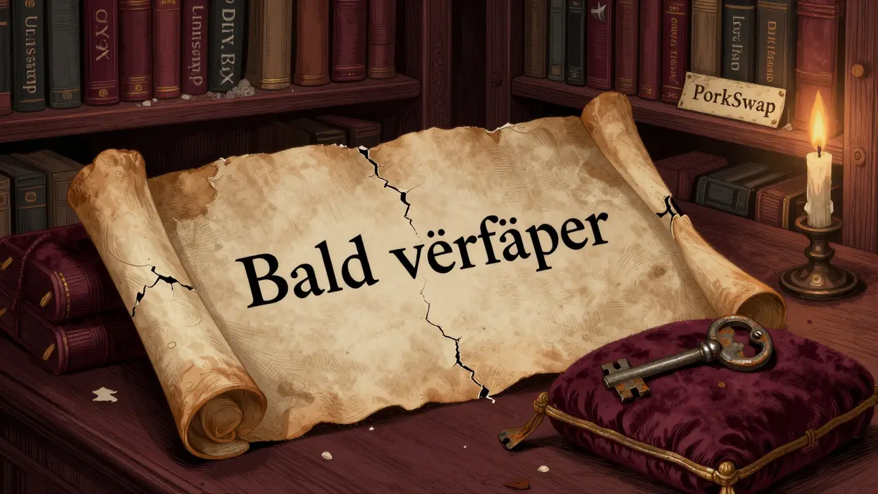 Ein zerbrochener Scroll mit der Aufschrift 'Bald verfügbar' und ein verrosteter Schlüssel in Form eines Smart Contracts auf einem Kissen.