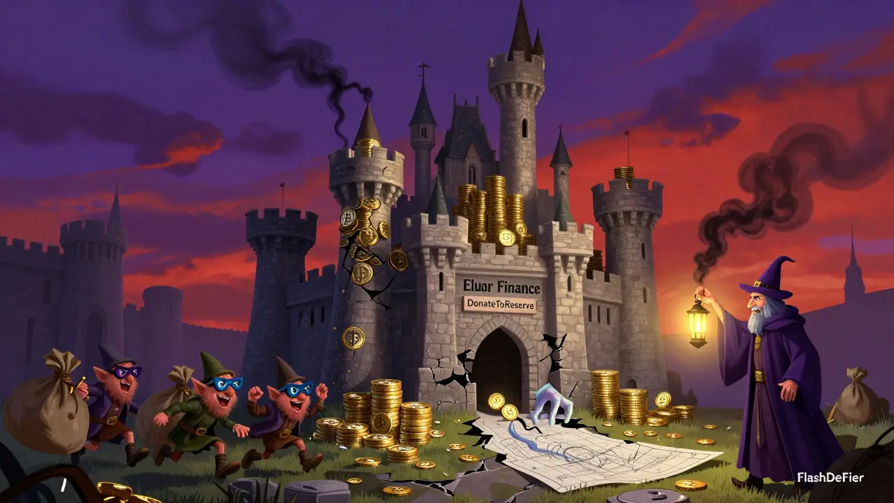 Ein zerfallendes Schloss aus USDT-Münzen wird von einer dunklen Schwachstelle heimgesucht, während ein Zauberer mit einer Lampe namens FlashDeFier die Fehler aufdeckt.