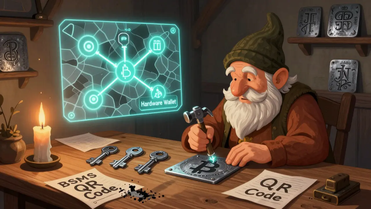 Ein Zwerg graviert einen Bitcoin-Symbol auf einer Metallplatte, während drei Schlüssel und Papier mit technischen Begriffen auf dem Tisch liegen.