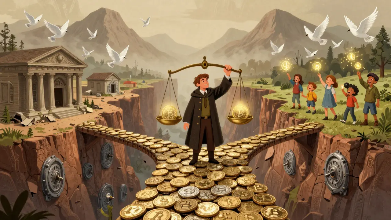 Eine Brücke aus Kryptowährungen verbindet eine verlassene Finanzwelt mit einer blühenden, gerechten Gemeinschaft.