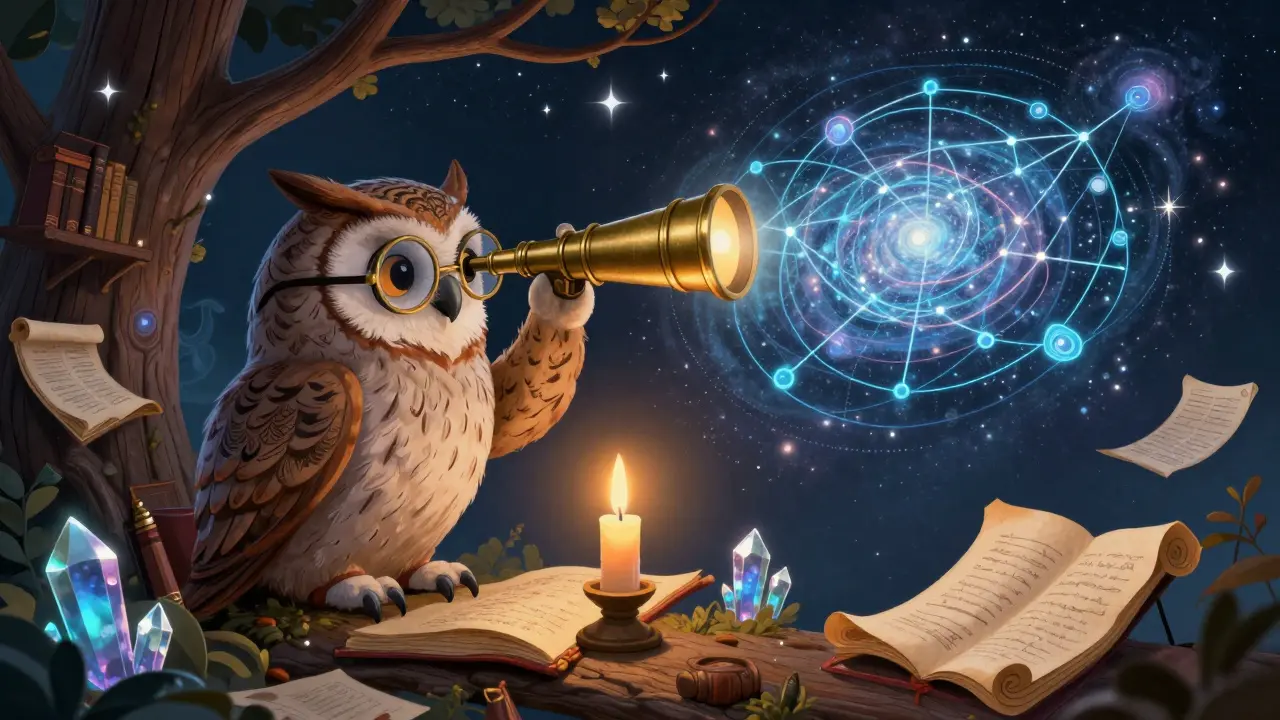 Eine Eule betrachtet magische Datenströme in einer alten Bibliothek.