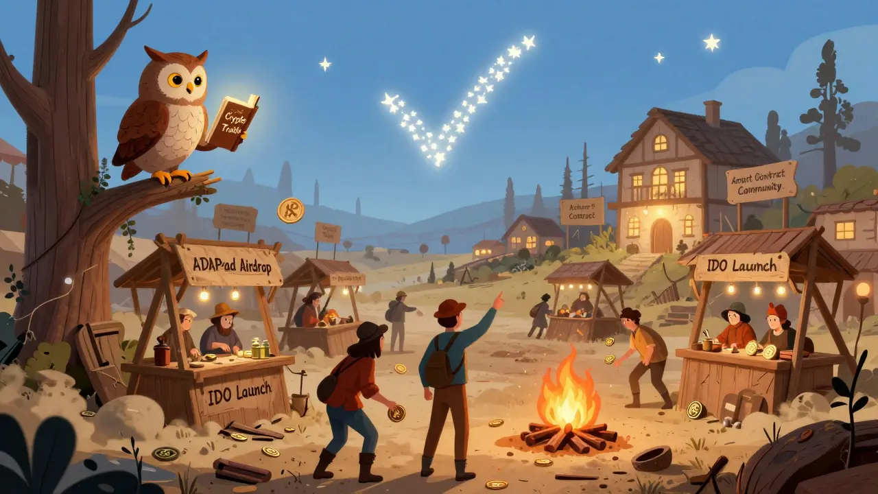 Eine leere Marktstraße mit zusammenbrechenden Ständen, während eine Eule eine Buch mit Wahrheiten hält und Menschen echte Projekte suchen.