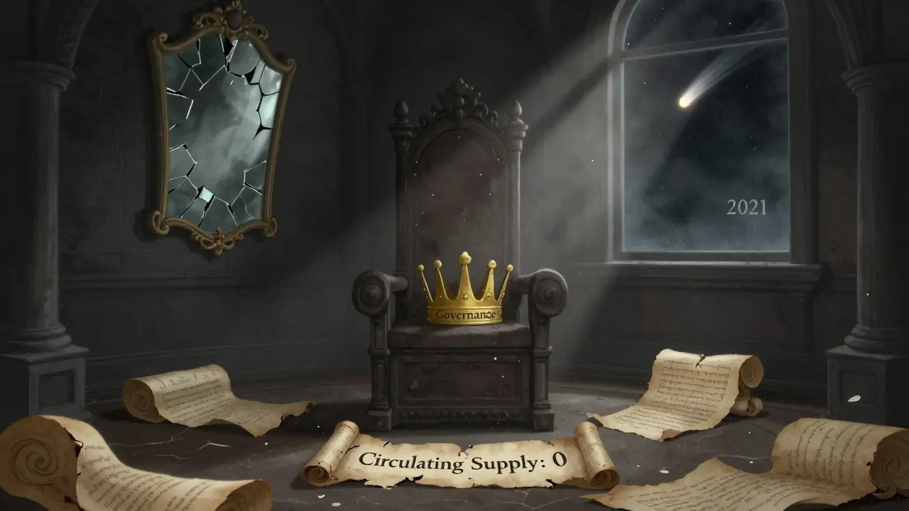 Eine leere Thronhalle mit einer Krone, die 'Governance' trägt, umgeben von leeren Dokumenten mit '0 BSWAP'.
