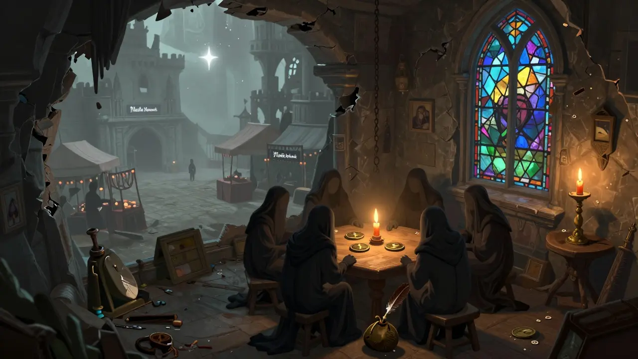 Eine verlassene Handelsstube mit nur zwei Münzen und sieben Schattenfiguren in einem verfallenen Turm.