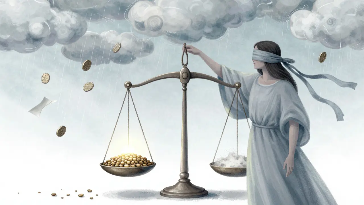 Eine Waage zeigt Samen gegen Asche, Münzen fallen vom Himmel.