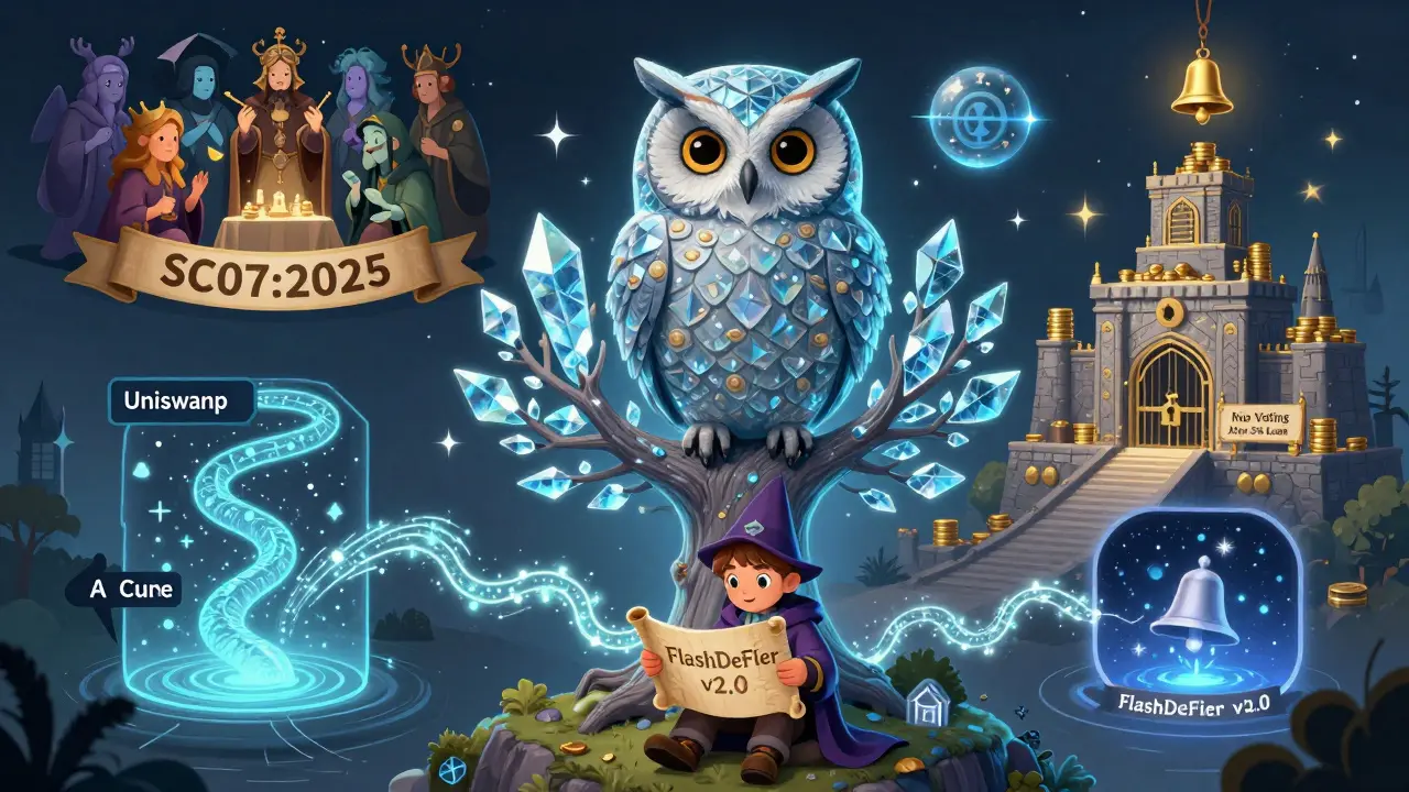 Eine weise Eule sitzt auf einem Blockchain-Baum, während ein Lehrling mit FlashDeFier Datenströme zwischen DeFi-Portalen verfolgt, um Angriffe zu erkennen.