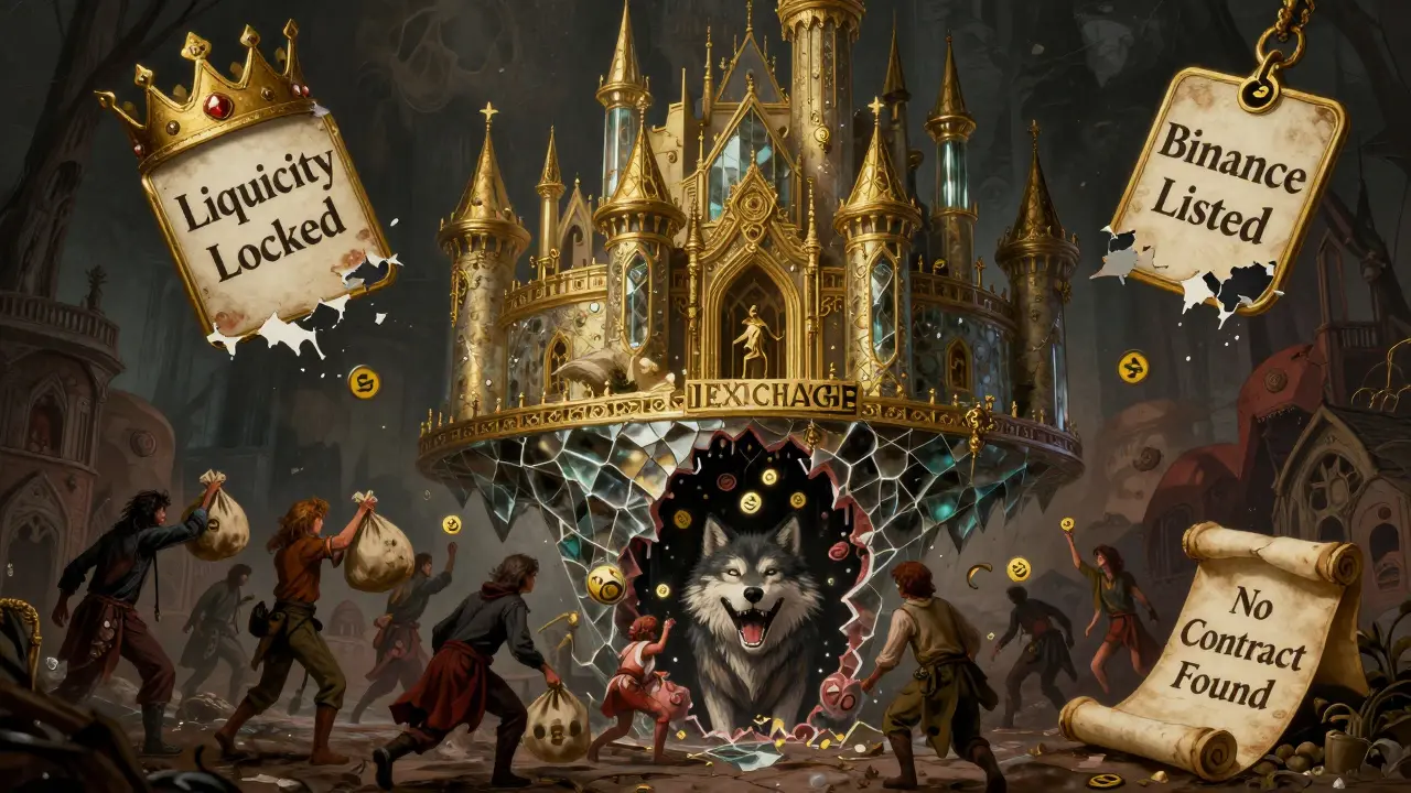 Eine zerfallende VENKO-Börse, in die Menschen Kryptowährungen werfen, während Masken im Schatten lauern.