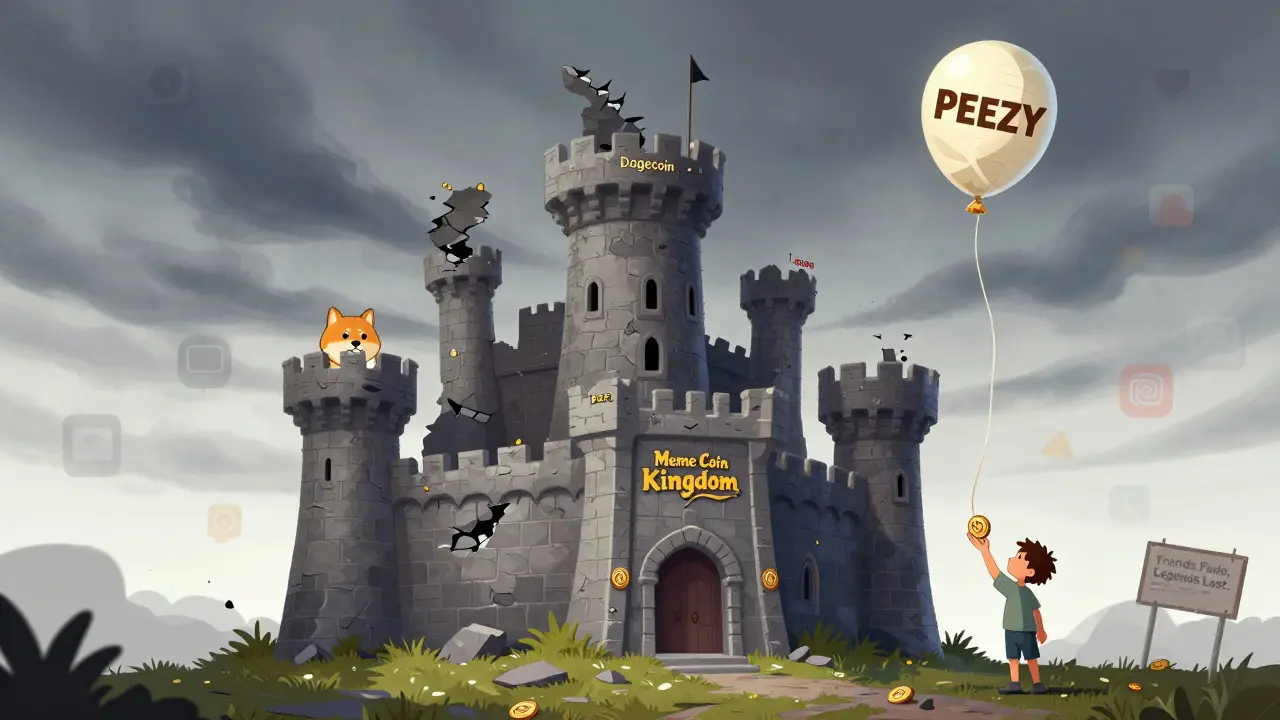 Eine zerfallene Burg der Meme-Coins lässt einen fragile Luftballon mit 'PEEZY' in einen Sturm davonziehen.