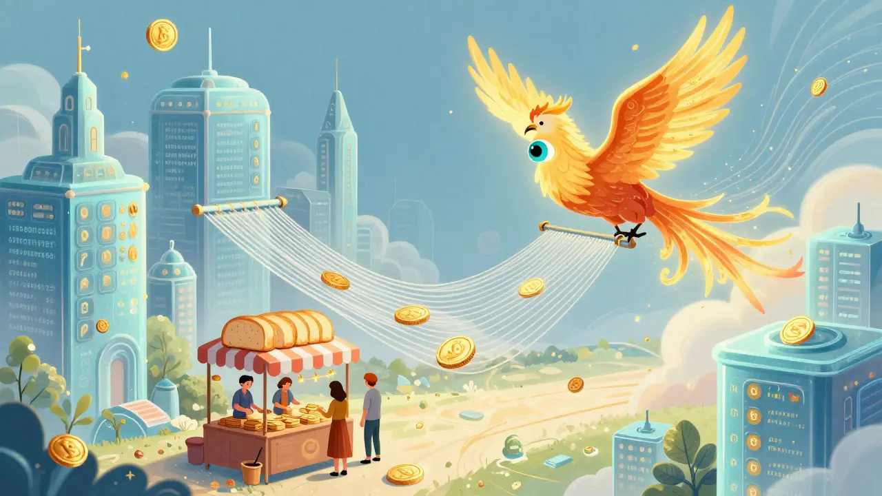 Eine zukünftige Stadt mit transparenten Code-Gebäuden, Bürger zahlen sofort mit digitalen Münzen, während eine AI-Phoenix-Instanz Betrug erkennt und neutralisiert.