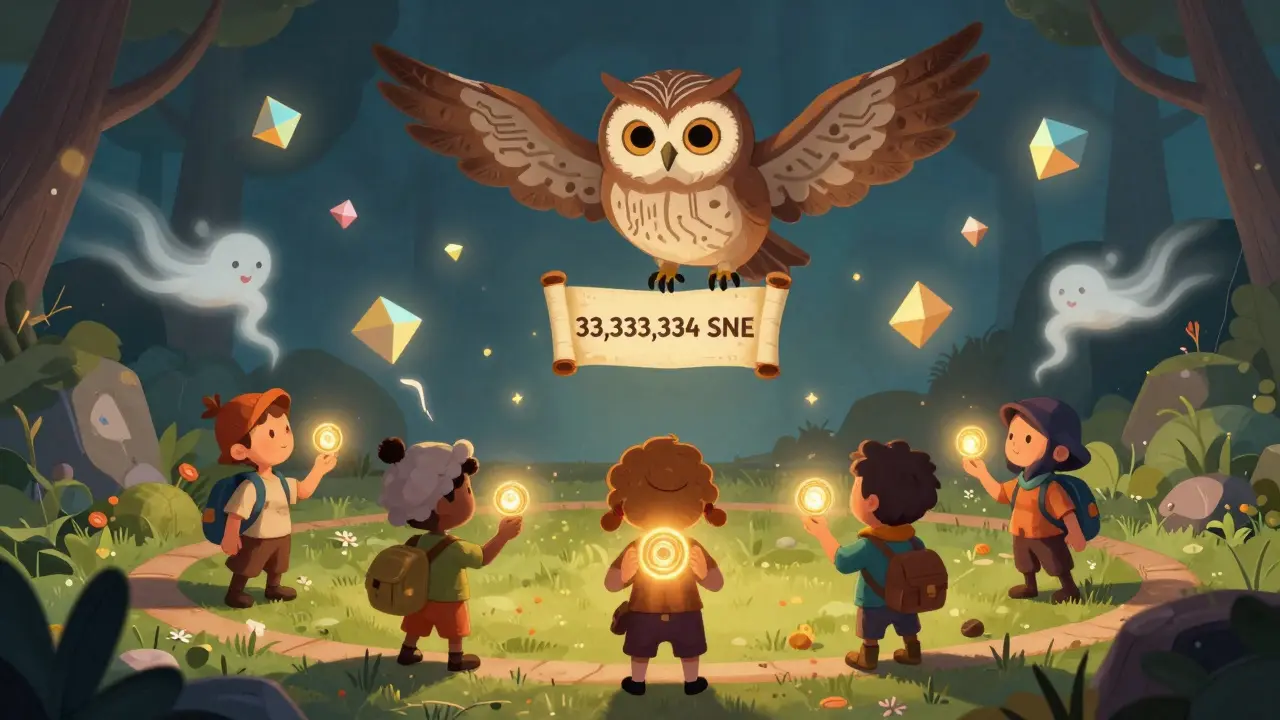 Fünftausend Abenteurer halten leuchtende SNE-Token, während eine weise Eule mit Schaltkreisen ihre Verteilung überwacht.
