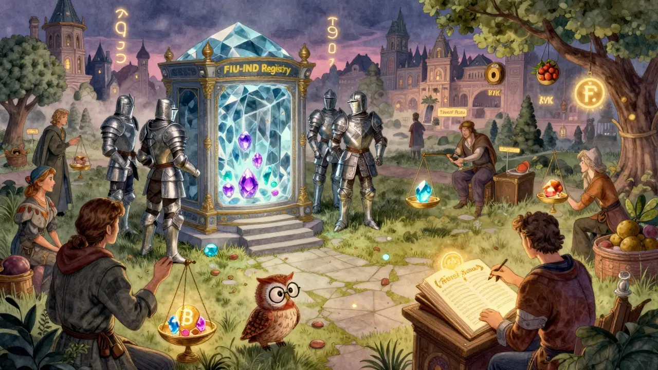 Händler tauschen glühende Kryptogemstone in einer magischen Markthalle unter Aufsicht einer geheimen Behörde.