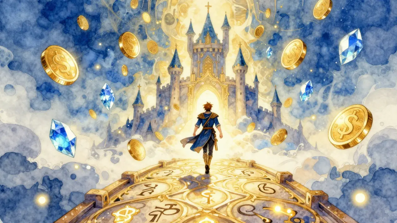 Held überquert eine Brücke aus Runen zu einer Burg mit schwebenden Geld-Einheiten.