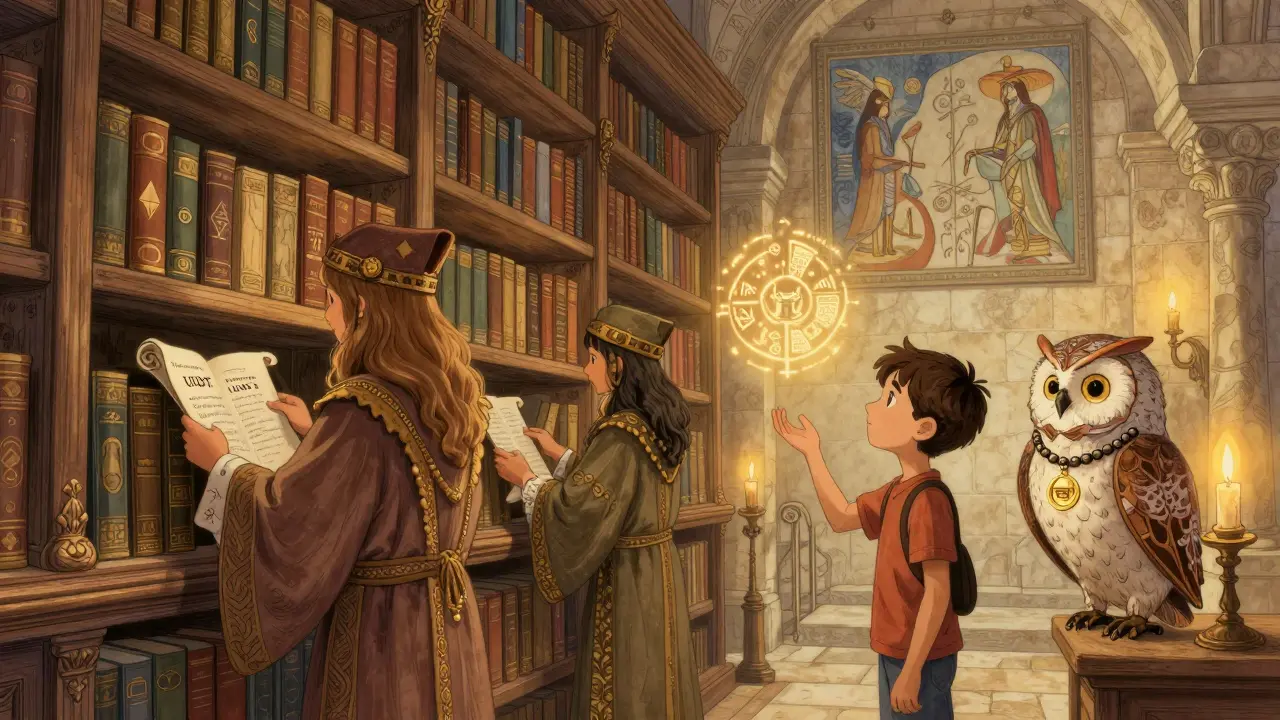 In einer magischen Bibliothek lernen Menschen von einem sprechenden Eule, wie Kryptowährungen reguliert werden.