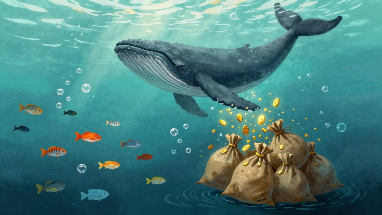 Kleine Fische feiern an der Oberfläche während Wale scheiden.