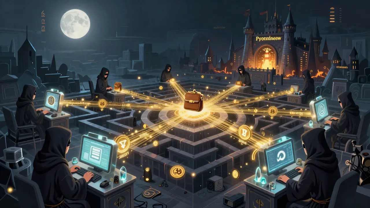 Maskierte IT-Zauberer in Fernost senden digitale Fäden durch schwebende Geldbörsen, die mit Kryptowährungen gefüllt sind.