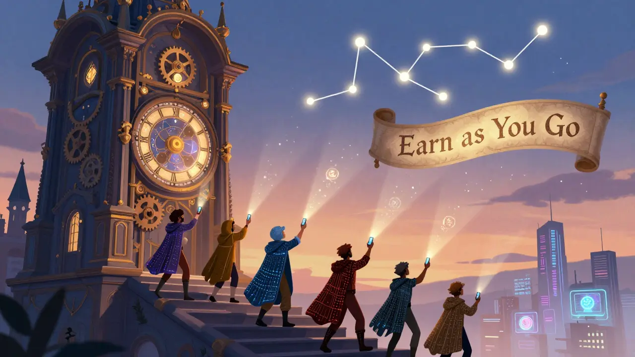 Pioniere besteigen einen Turm aus NFT-Geschenken, während ANTIX-Token am Himmel als Sternenbild erscheinen.