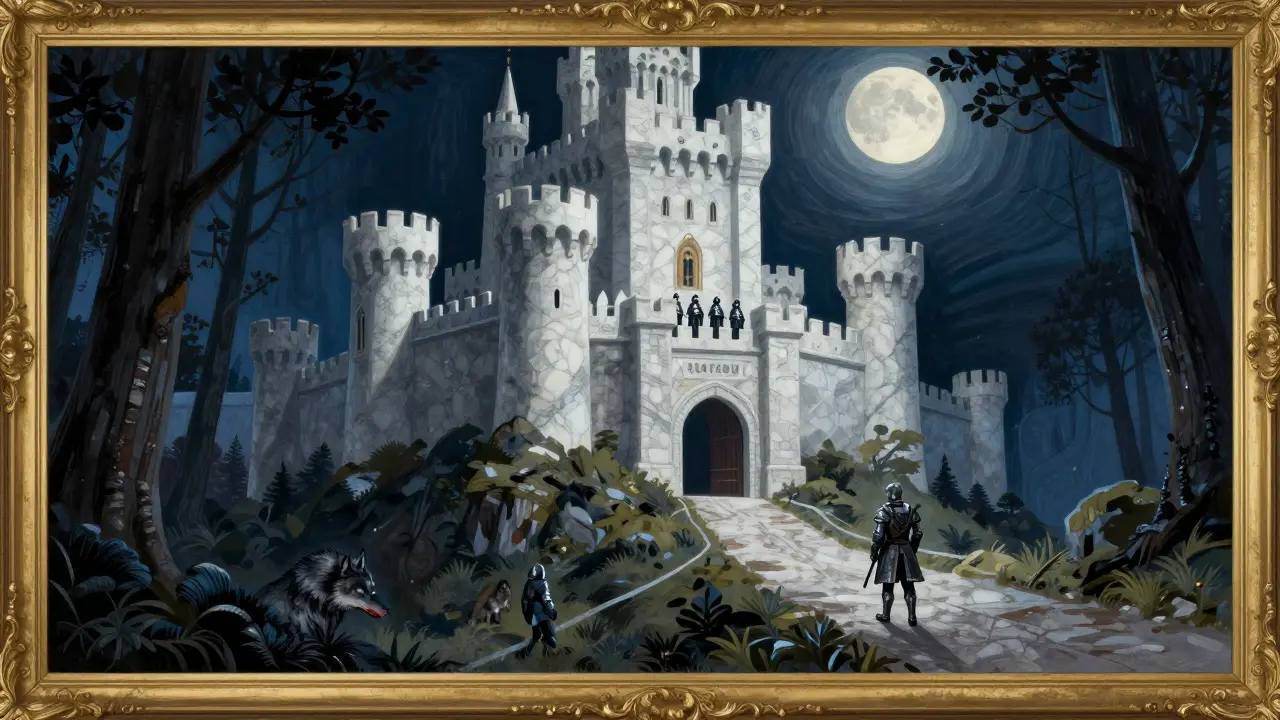 Schloss mit Wachen gegenüber dunklem Waldpfad bei abendlichem Mondlicht und Schatten.