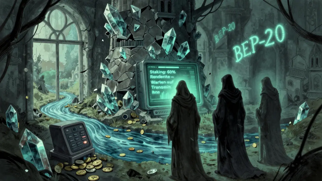 Verlassener Turm aus Blockchain-Kristallen mit einem toten Terminal, das verspricht, Renditen auszuzahlen.