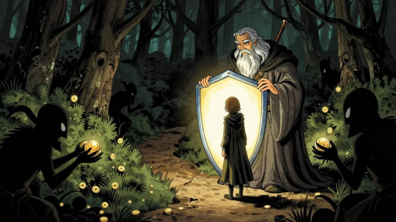 Weiser beschützt einen Pfad vor Schattenfiguren mit falschem Münzgeld im Wald.