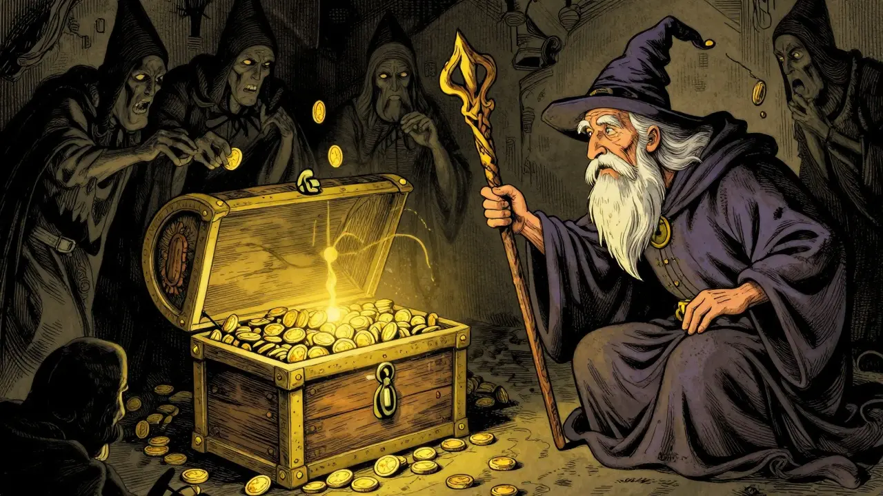 Weiser Wächter schützt Schatz vor falschen Münzen im Schatten.