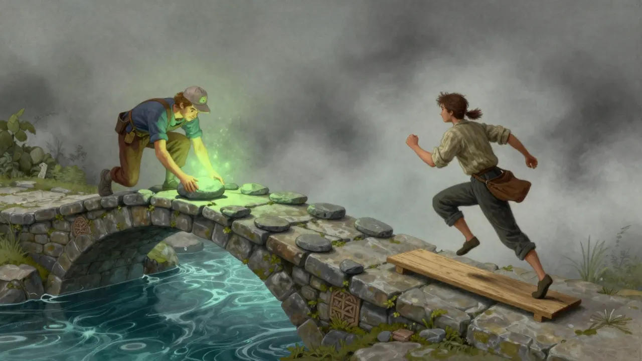 Zwei magische Figuren auf einer Brücke, eine baut sicher, eine rennt schnell vorbei.