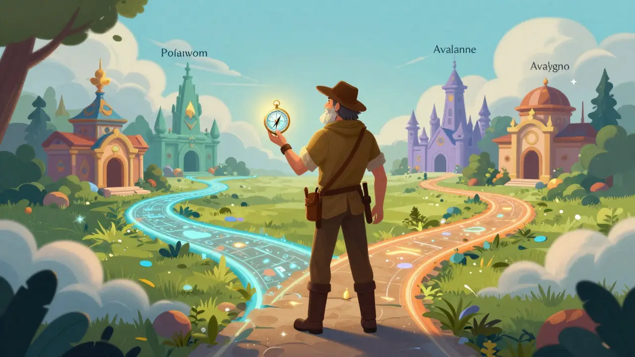 Ein Abenteurer mit einem magischen Kompass an einer Kreuzung schimmernder Pfade.