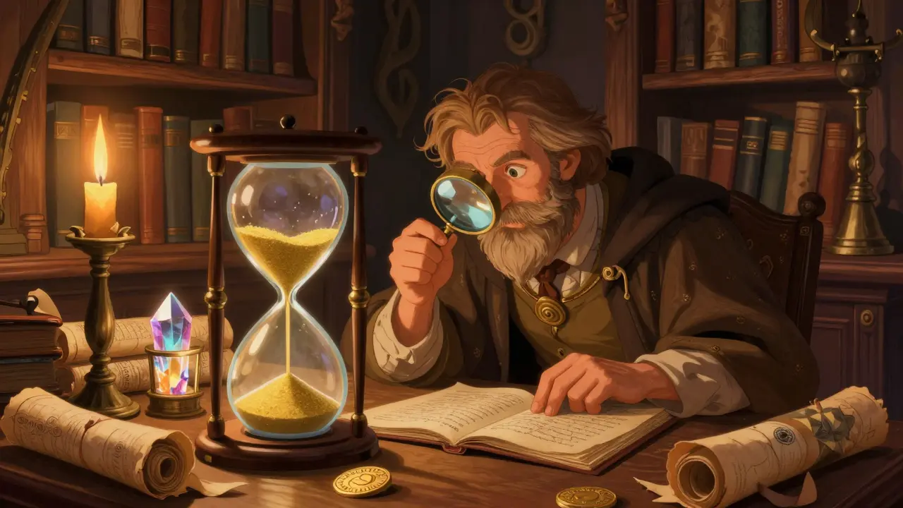 Ein Alchemist untersucht eine goldene Münze in einer gemütlichen, magischen Bibliothek.