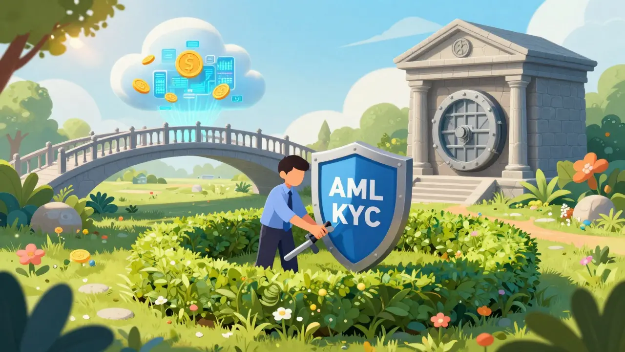 Ein Compliance-Garten mit einem schützenden Schild und einer Brücke zu einem Banktresor.