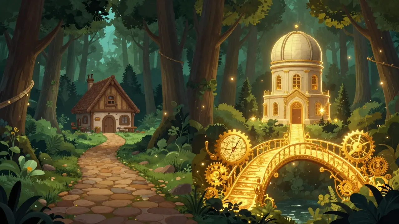 Ein einfacher Pfad zu einem Cottage neben einer komplexen goldenen Brücke zu einem Observatorium.