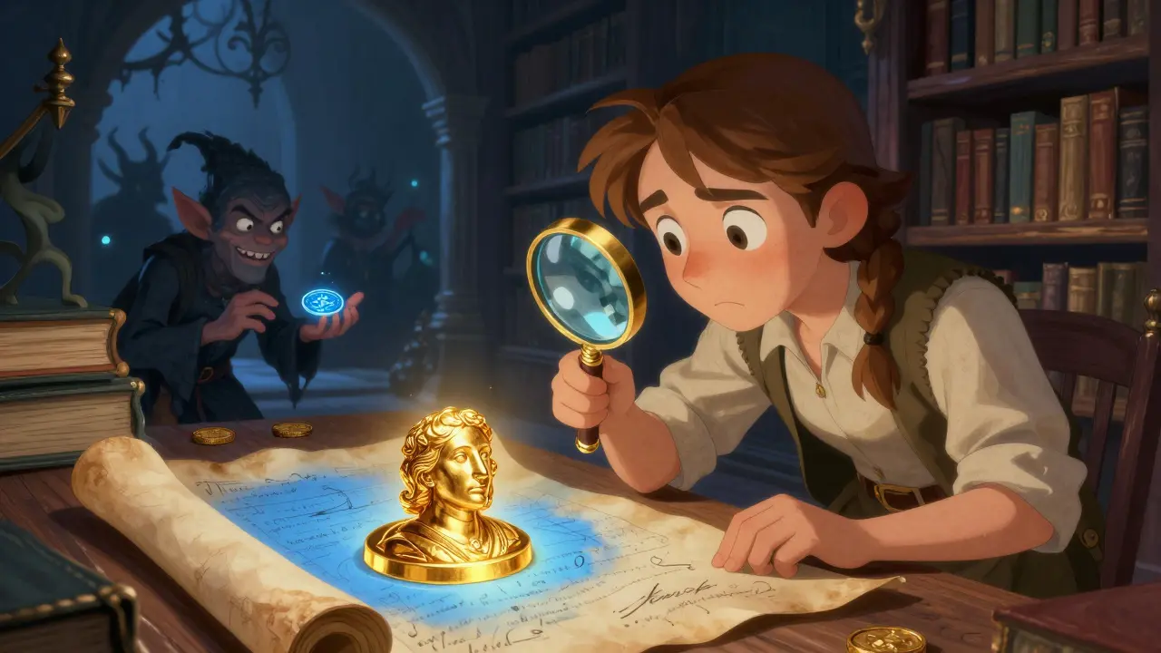 Ein Entdecker prüft mit einer Lupe die Echtheit eines blauen Dokuments.