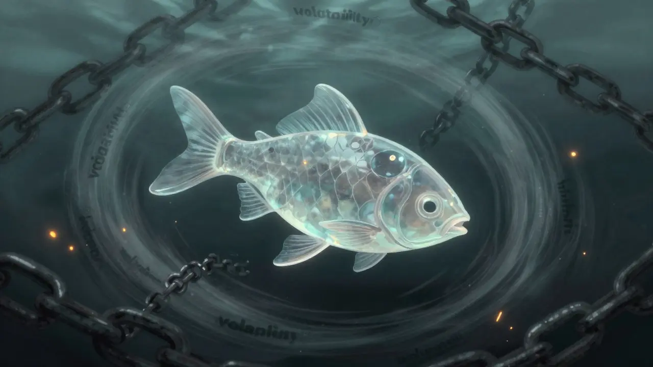 Ein fragiler gläserner Fisch in einem dunklen, turbulenten Wasserstrudel.