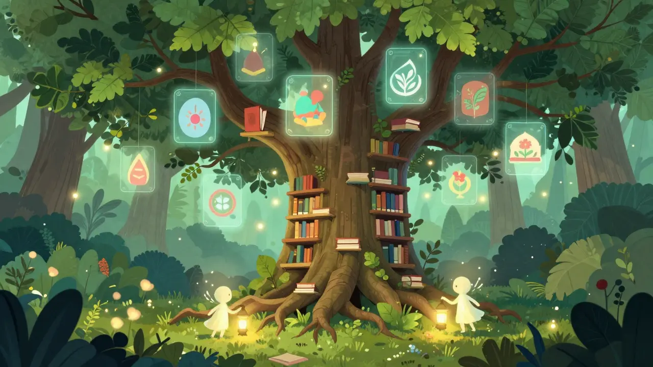 Ein futuristischer Baum mit schwebender digitaler Kunst in einer friedlichen Waldumgebung.