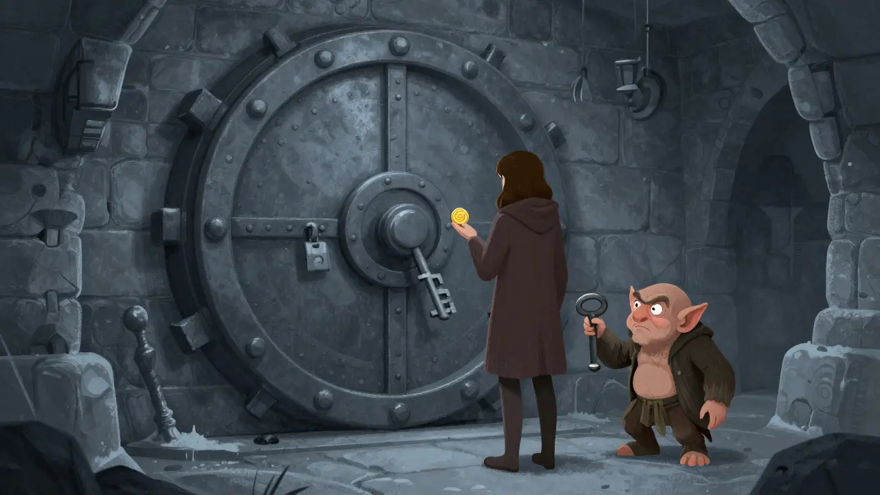 Ein gieriger Kobold, der Geld fordert, um einen Tresor in einem Kerker zu öffnen.