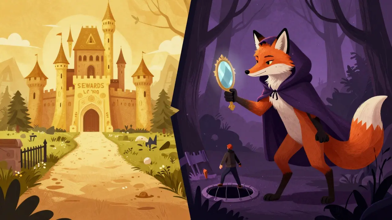 Ein goldenes Schloss im Kontrast zu einem hinterhältigen Fuchs in einem dunklen Wald.