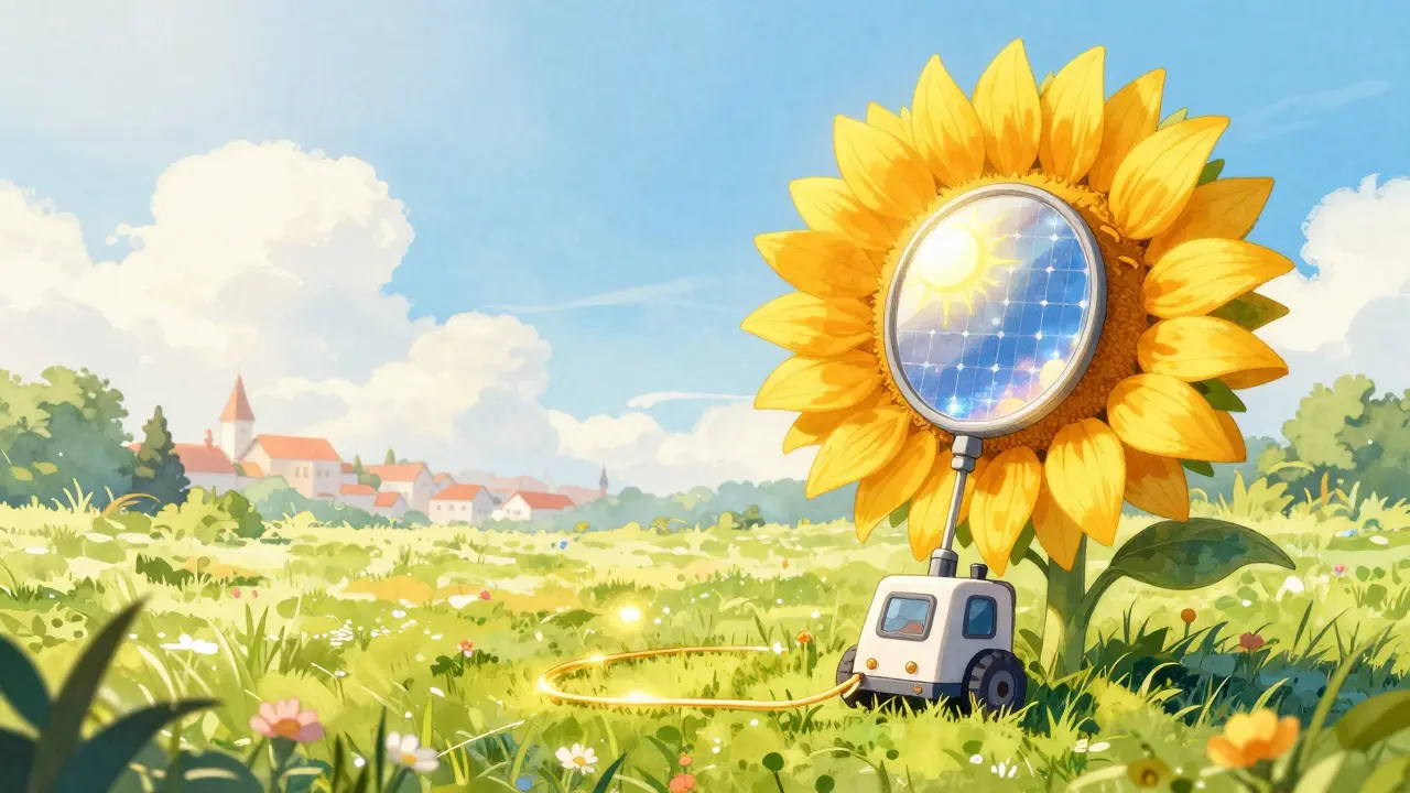 Ein Krypto-Mining-Gerät, das unter einer Sonnenblume durch Solarenergie betrieben wird.