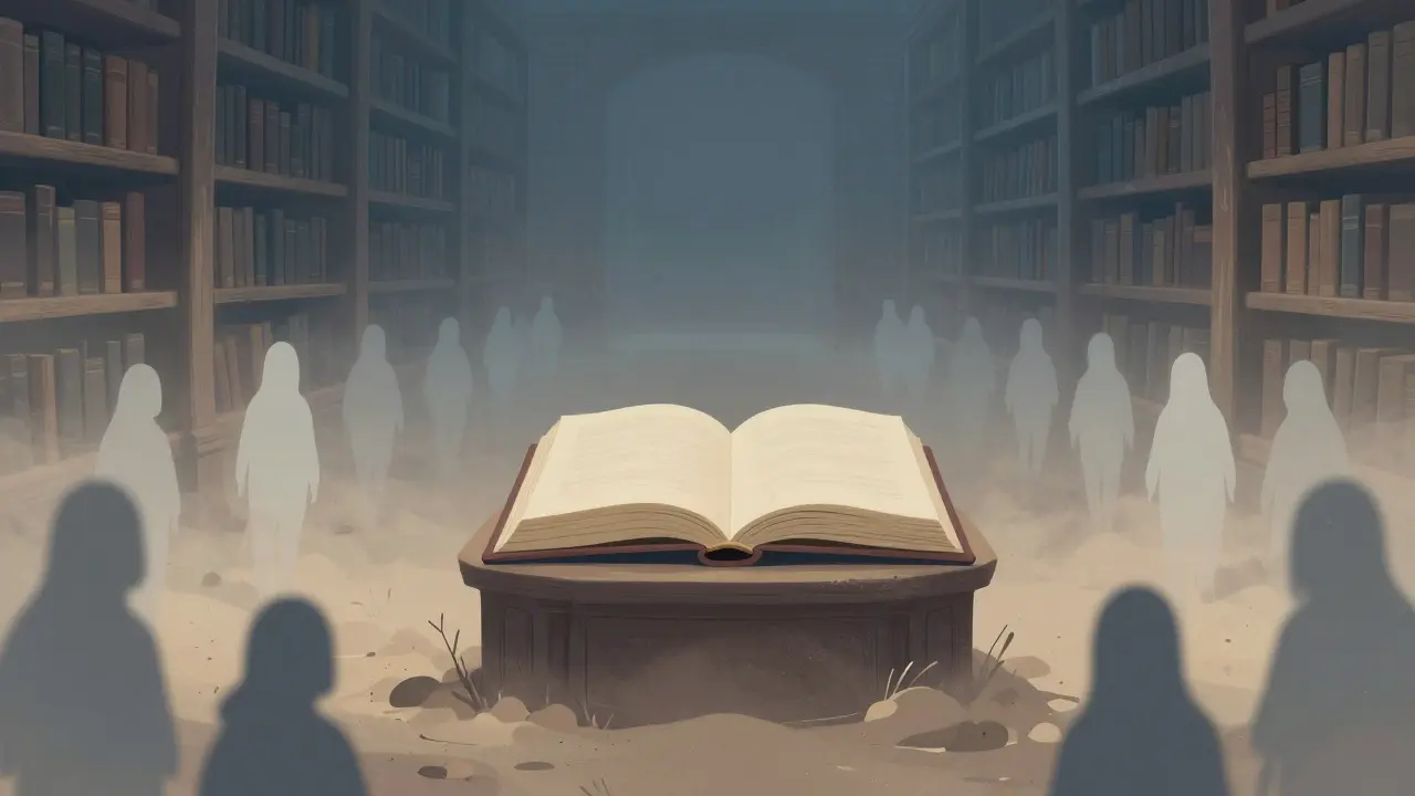 Ein leeres Buch in einer verlassenen, nebligen Bibliothek.