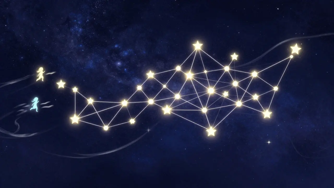 Ein leuchtendes Netz aus Sternen und Knoten, das die DAG-Chain-Technologie darstellt.