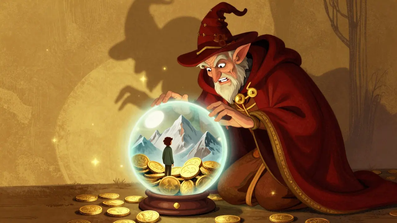Ein listiger Zauberer, der einem Reisenden eine falsche Vision von Gold zeigt.