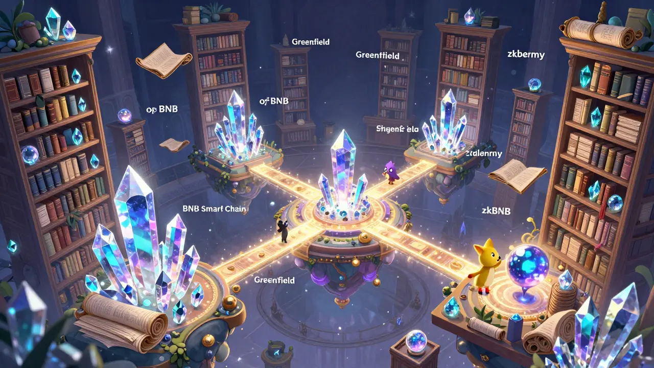 Ein magisches Netzwerk aus schwebenden Kristallen und Lichtpfaden.