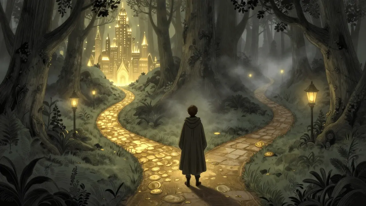 Ein Reisender an einer Weggabelung in einem mystischen, nebligen Wald.