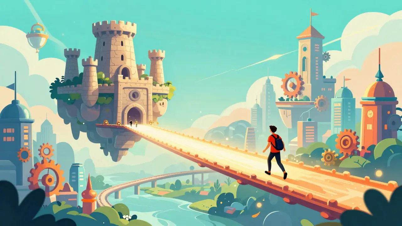 Ein Reisender überquert eine leuchtende Brücke zu einer schwebenden futuristischen Stadt.