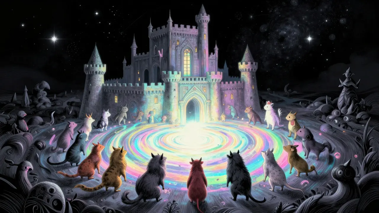 Ein schimmernder Wirbel aus Licht, der verschiedene Wesen in einer privaten Festung anonymisiert.