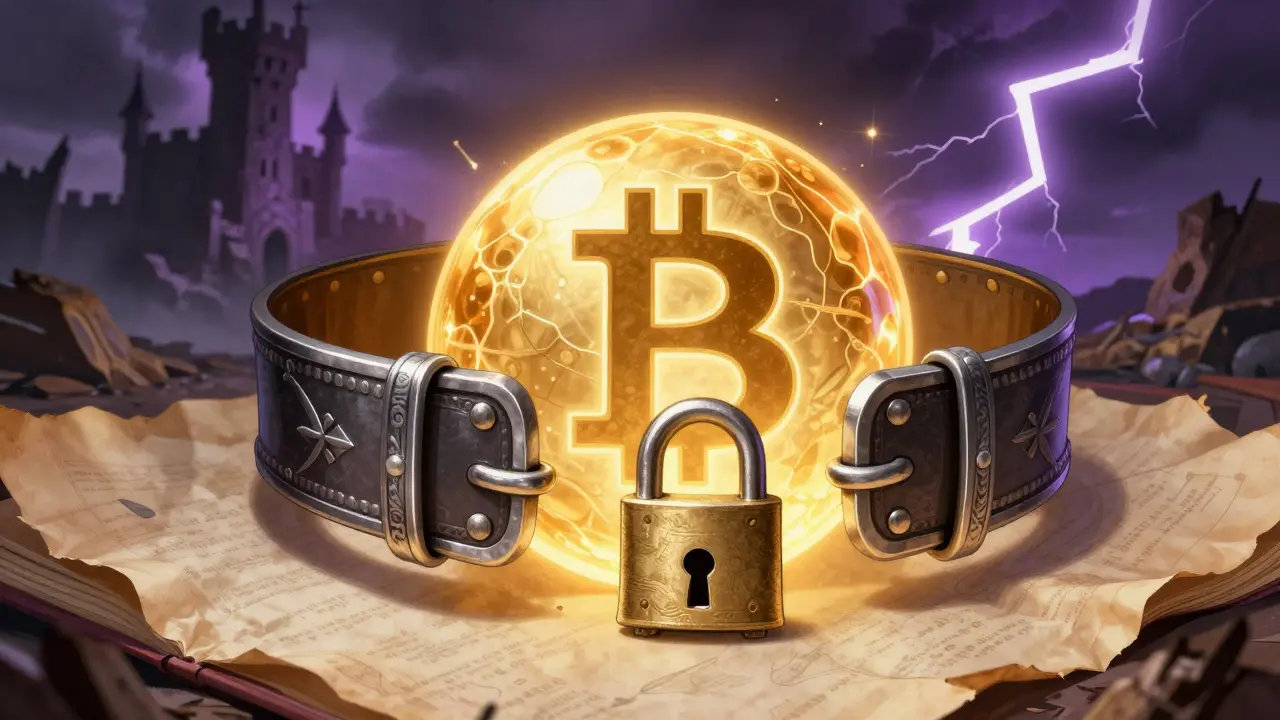 Ein silberner Sicherheitsgurt, der eine leuchtende goldene Kugel vor einem Sturm schützt.