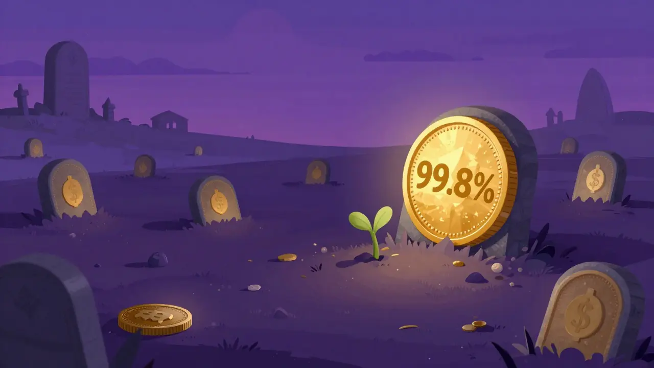 Ein surrealer digitaler Friedhof mit leuchtenden münzförmigen Grabsteinen.