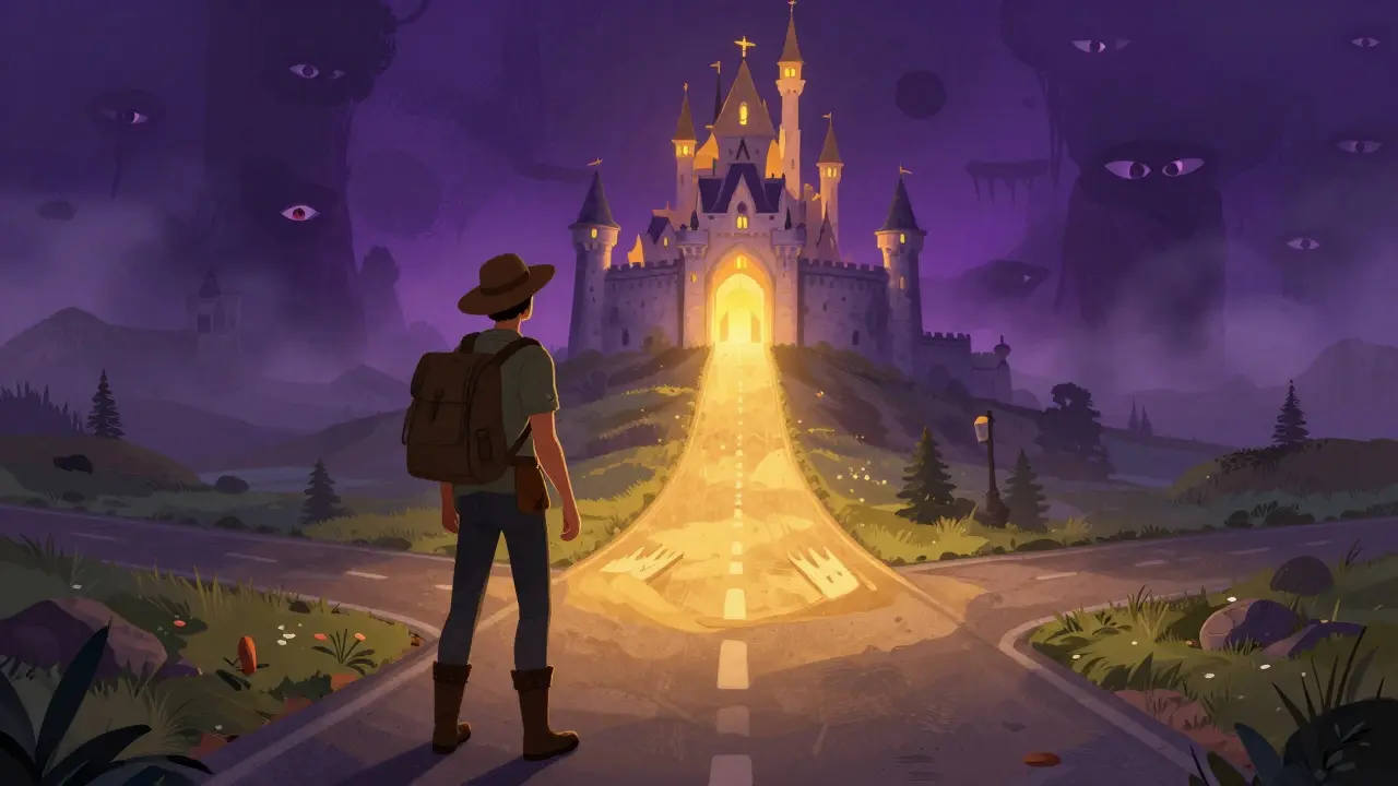 Ein Wanderer an einer Weggabelung zwischen einem goldenen Pfad und einem dunklen, nebligen Weg.