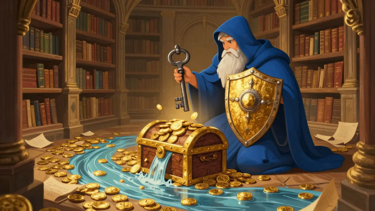 Ein weiser Wächter schützt eine Schatzkiste mit einem stetigen Fluss aus goldenen Münzen.
