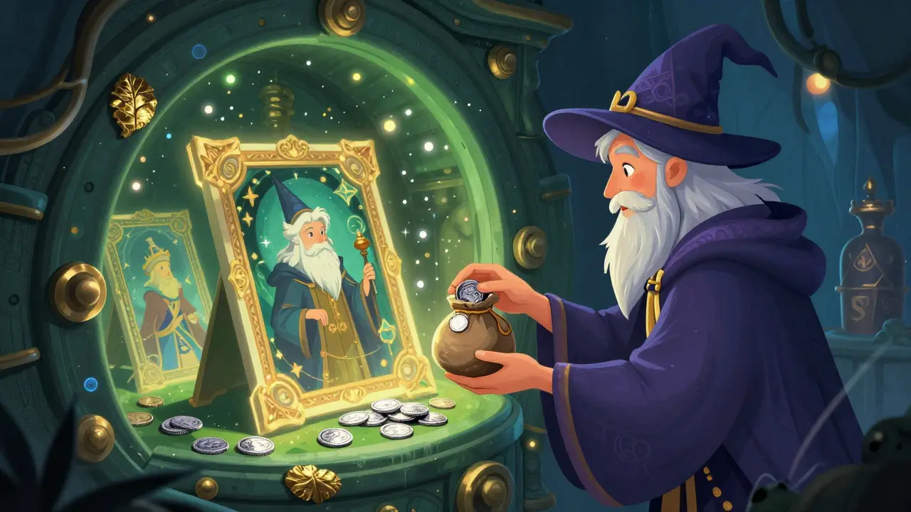 Ein Zauberer, der leuchtende Gemälde als Pfand für silberne Münzen in einem magischen Tresor hinterlegt.
