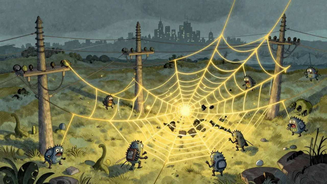 Ein zerbrechliches goldenes Stromnetz, das von kleinen mechanischen Monstern belastet wird.