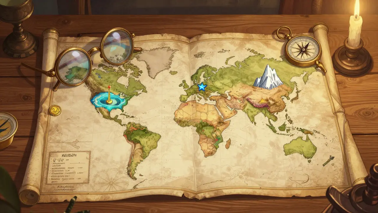 Eine fantastische Weltkarte mit markierten Krypto-Standorten in einem nostalgischen Stil.